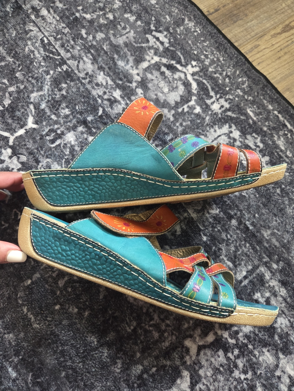 L'ATISTE Teal and Orange Floral Multi-Strap Slide Sandals - Picture 3 of 9